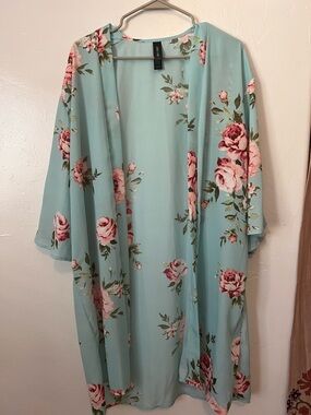 Agnes & Dora Aqua Floral Kimono with Pink Rose Accents Oversized Medium Duster